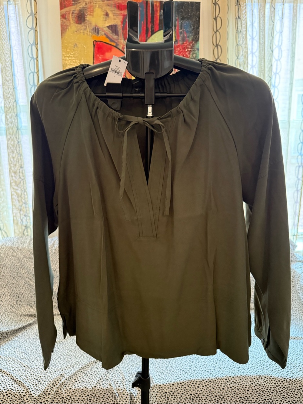 Banana Republic Olive Green Tie-Neck Peasant Blouse